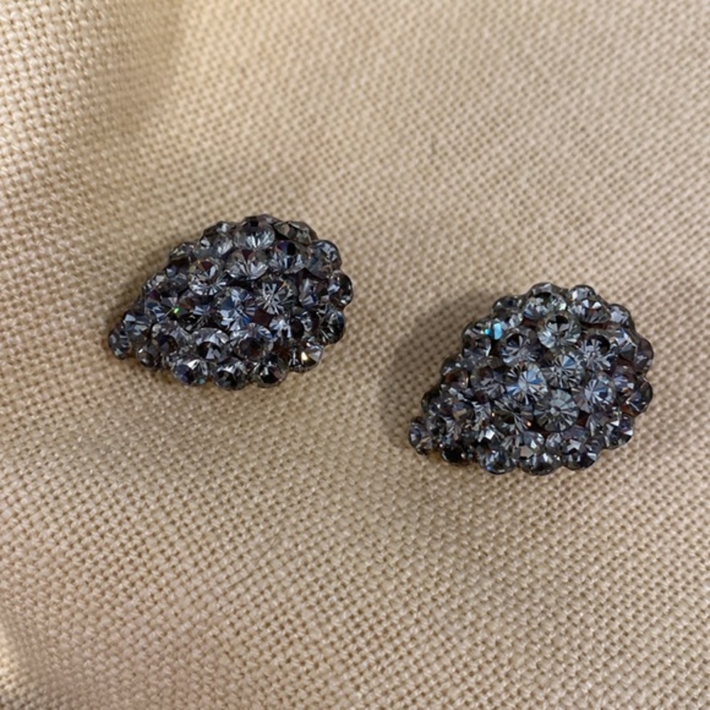 NEW. Funky vintage clip on earrings. Handcrafted. Black with clear rhinestones.
